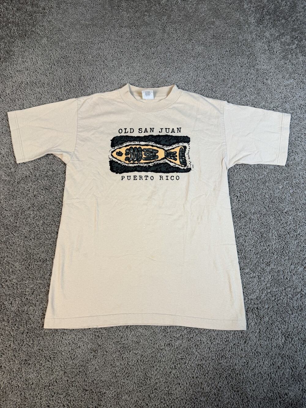 Vintage Old San Juan Puerto Rico Shirt Mens Medium Beige Fish Graphic Murina